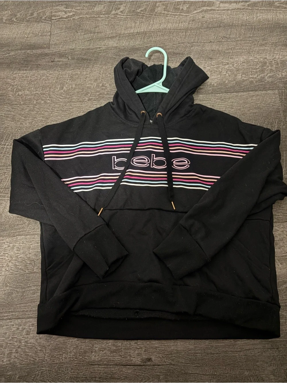 bebe Black Hoodie with Pink & Blue Stripe Logo